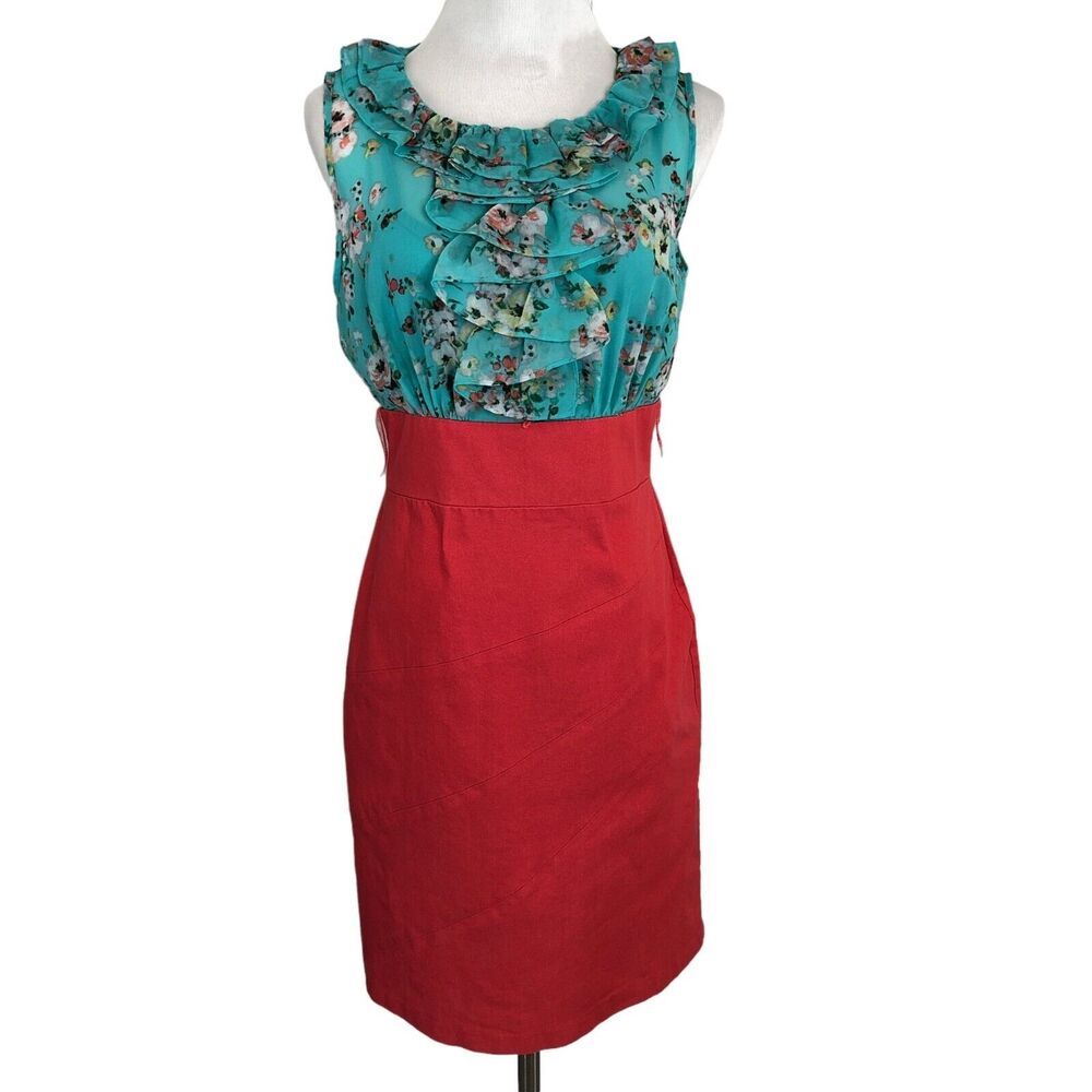 AGB Sheath Dress Knee Length Sleeveless Ruffled Boat Neck Size 8